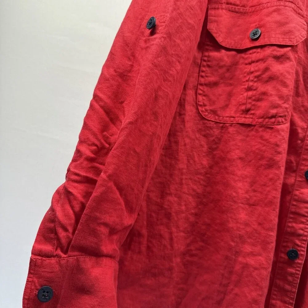 Lauren Ralph Lauren Women's Top Size L 100% Linen Solid Red Blue Anchor Roll Tab